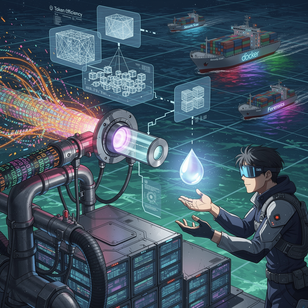 Cyberpunk anime: Raw data firehose filtered to pure insight droplets while Docker containers float like cargo ships in a digital ocean