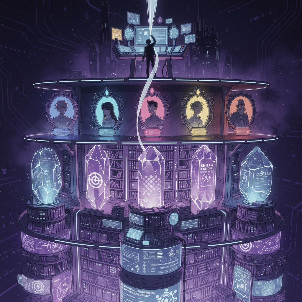 Cyberpunk anime: A figure navigates hierarchical tiers of floating knowledge - navigation, agents, and skills - pulling only needed context from the void