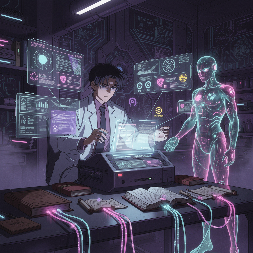 Cyberpunk verification laboratory - scientist validating AI content against external sources