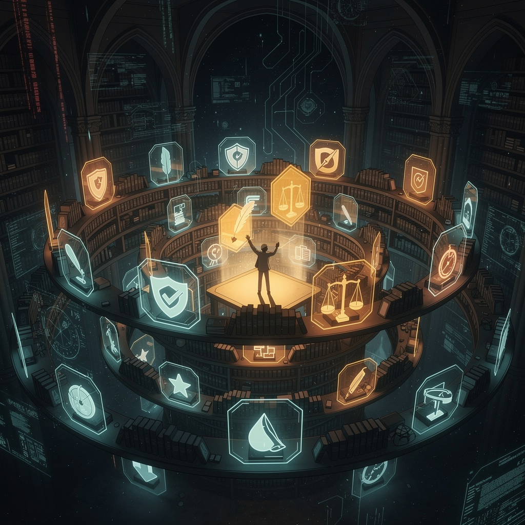 Cyberpunk anime: Floating hexagonal skill modules orbit a figure who selectively activates only the expertise needed