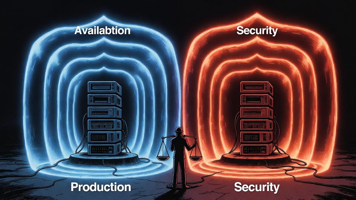 Two fortified server towers with 7-layer defense shields, showing different hardening priorities for production vs security testing