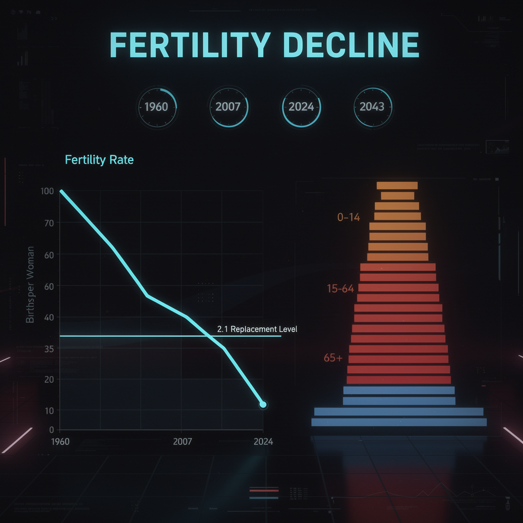 Fertility Decline infographic showing demographic shift from 1960 to 2024