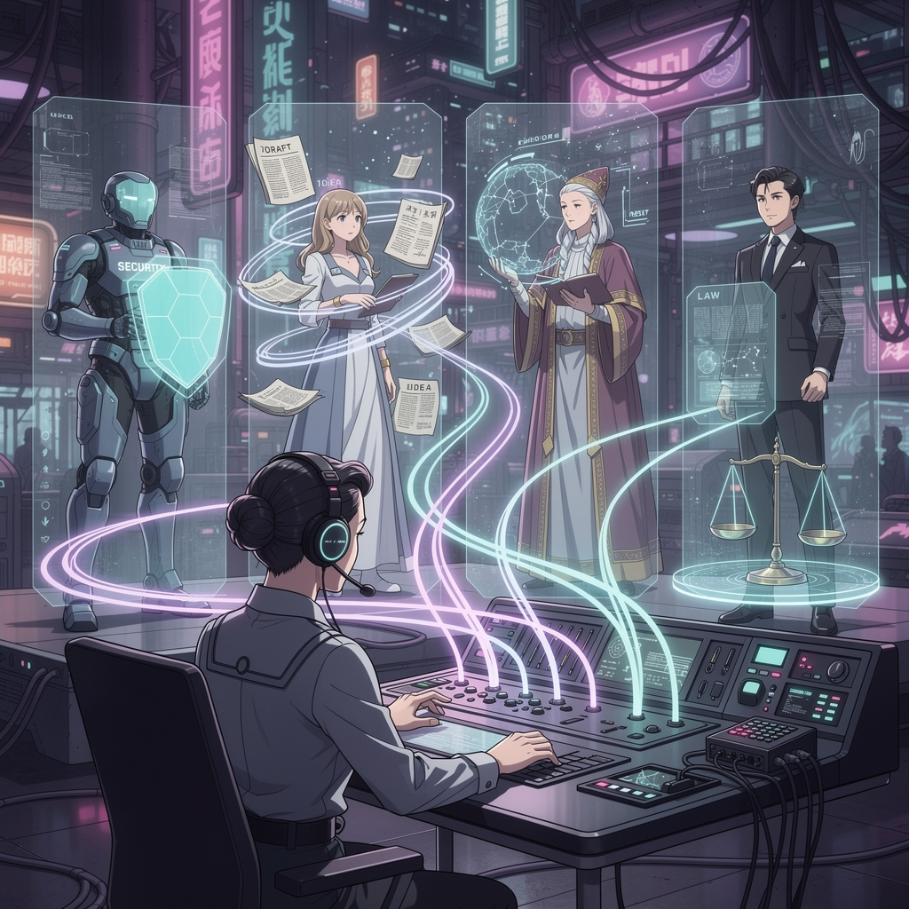 Cyberpunk anime: A switchboard operator routes glowing data streams to specialized AI agent personas in a neon-lit control room