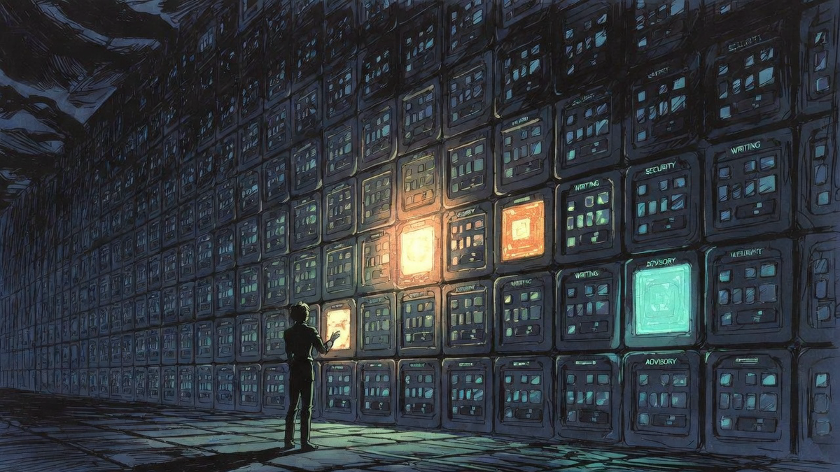 Late-80s anime OVA style illustration of modular expertise skills loaded on-demand