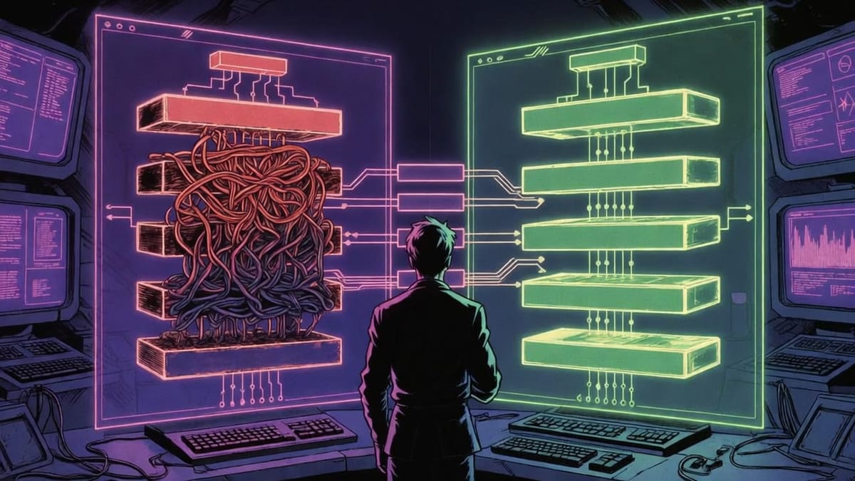 Technical analyst comparing complex protocol architecture versus streamlined direct API implementation