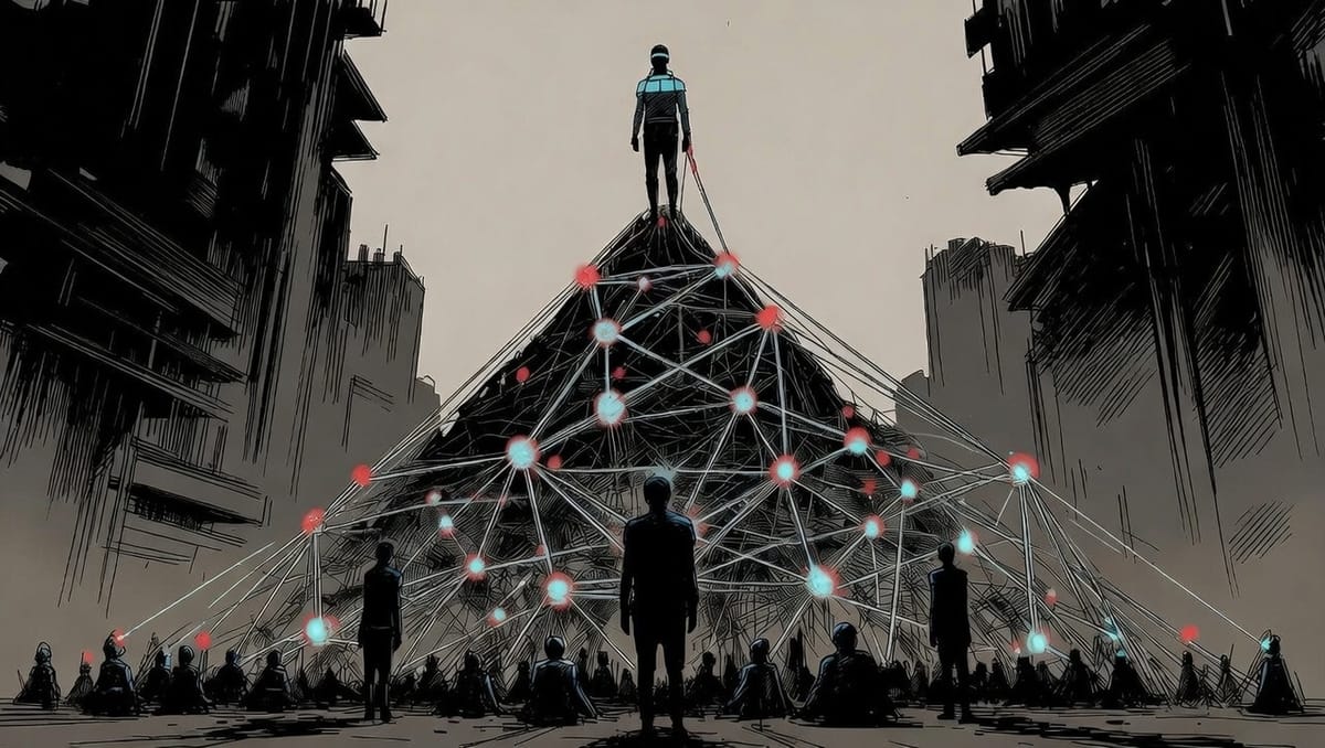 Hierarchical pyramid dissolving into peer networks of connected nodes