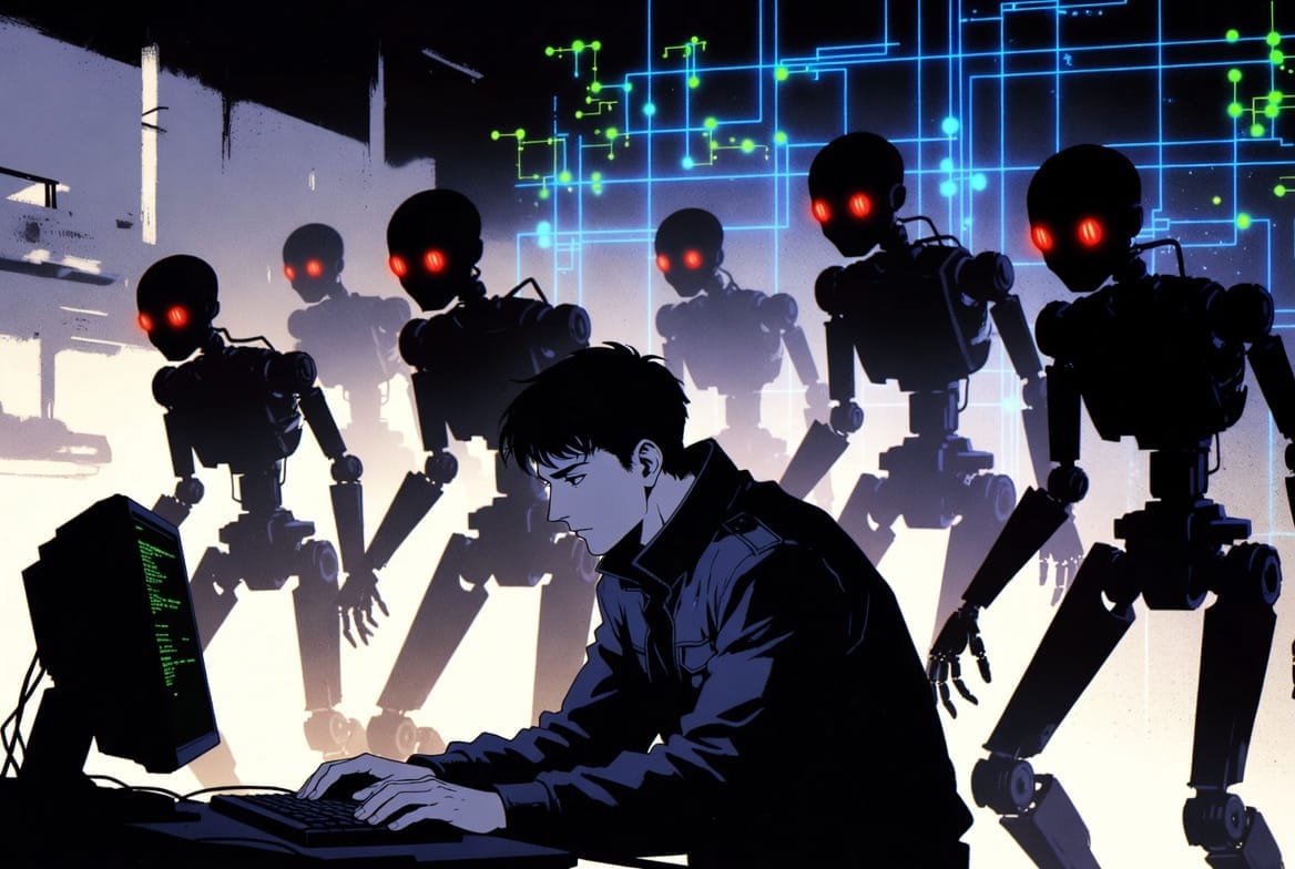 Developer examining holographic AI orchestration architecture with glowing cyan eyes, vibrant blue background, cyberpunk anime aesthetic