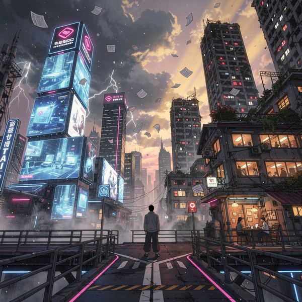 Cyberpunk cityscape with half-abandoned corporate towers and a figure at a crossroads between cold AI megastructures and warm community workspaces