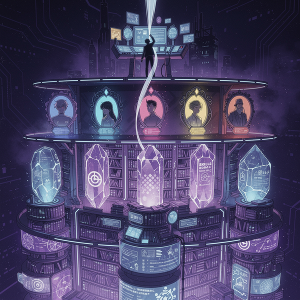 Cyberpunk anime: A figure navigates hierarchical tiers of floating knowledge - navigation, agents, and skills - pulling only needed context from the void