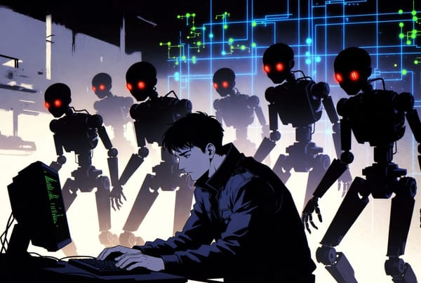 Developer examining holographic AI orchestration architecture with glowing cyan eyes, vibrant blue background, cyberpunk anime aesthetic