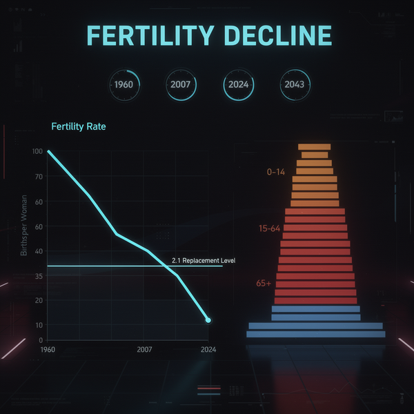 Fertility Decline infographic showing demographic shift from 1960 to 2024