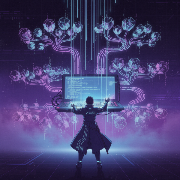 Cyberpunk anime: A figure orchestrates glowing slash commands cascading into workflow trees from a floating terminal in a neon void
