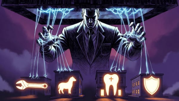 Private equity executive manipulating puppet strings attached to small businesses being consolidated into a corporate platform, cyberpunk aesthetic, 90s anime style