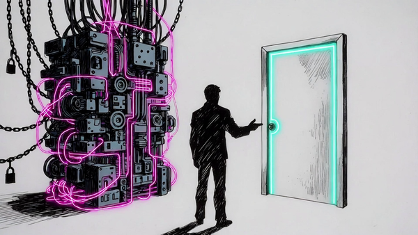 Late-80s anime OVA style illustration of over-engineered code complexity versus simplicity