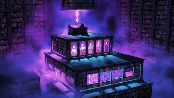 Cyberpunk anime: A figure navigates hierarchical tiers of floating knowledge - navigation, agents, and skills - pulling only needed context from the void