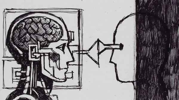 Intelligence Adjacent philosophy: Two collaboration models showing augmented (AI inside human) versus adjacent (human and AI as distinct entities working together)