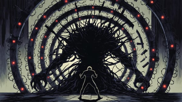 A lone figure faces a massive shadowy creature of dark tendrils bursting through fractured concentric security rings